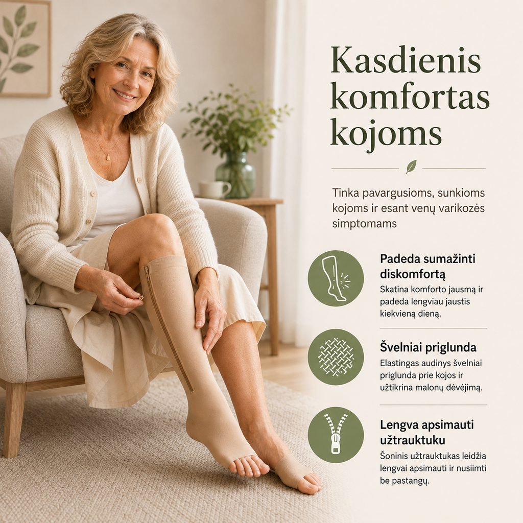 Kompresinės kojinės su užtrauktuku – nuo kojų tinimo ir venų varikozės simptomų